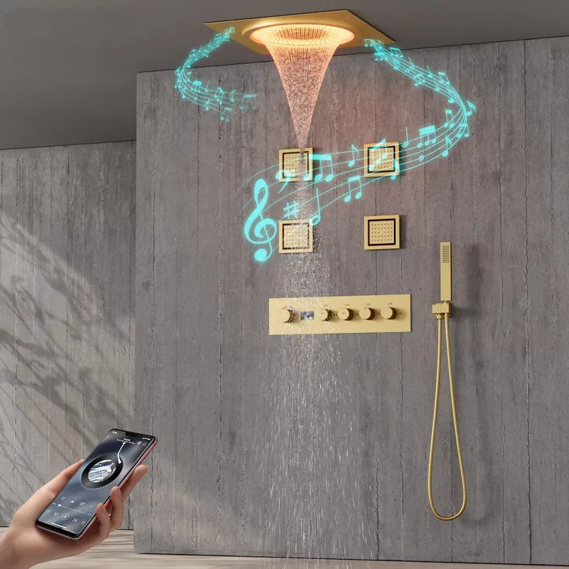 Smart Home - スマートLEDシャワーセット 浴室音楽内蔵レインフォールシステム ブラックマット 壁掛け式 高級スパ ホームホテル装飾ギフト