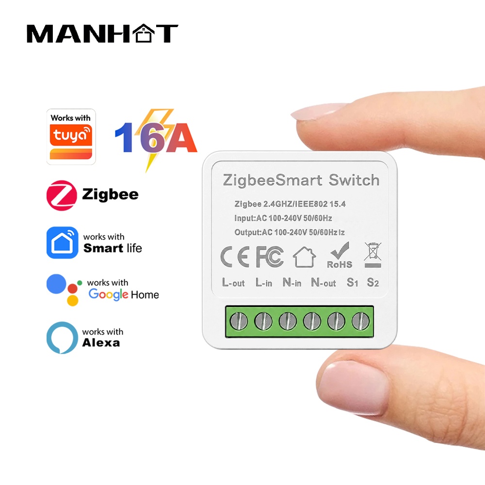 Tuya Smart Switch - Manhot ZigBee 3.0 スイッチモジュール 16A。スマートホームDIY用ライトスイッチ。双方向制御に対応。Tuya、Alexa、Google Homeの音声操作に対応。