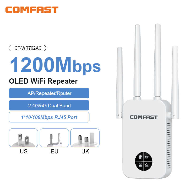 Smart Home X10 - COMFAST 1200Mbps Wi-Fi中継器 スマートスクリーン 4アンテナ Wi-Fi増幅器