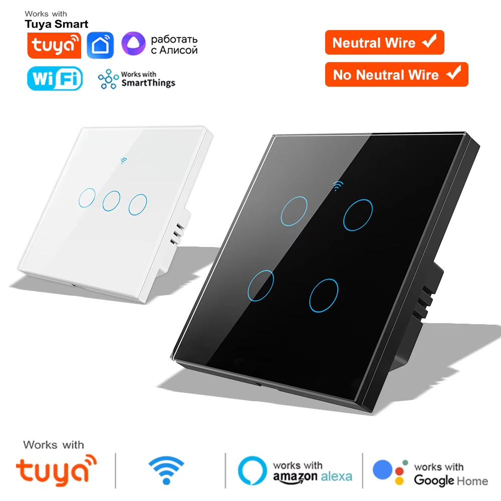 Tuya Smart Switch - 1 2 3 4連ギャングWiFi RF 433mhzタッチウォールライトスマートワイヤレススイッチ付き220Vニュートラル不要EU仕様Tuya