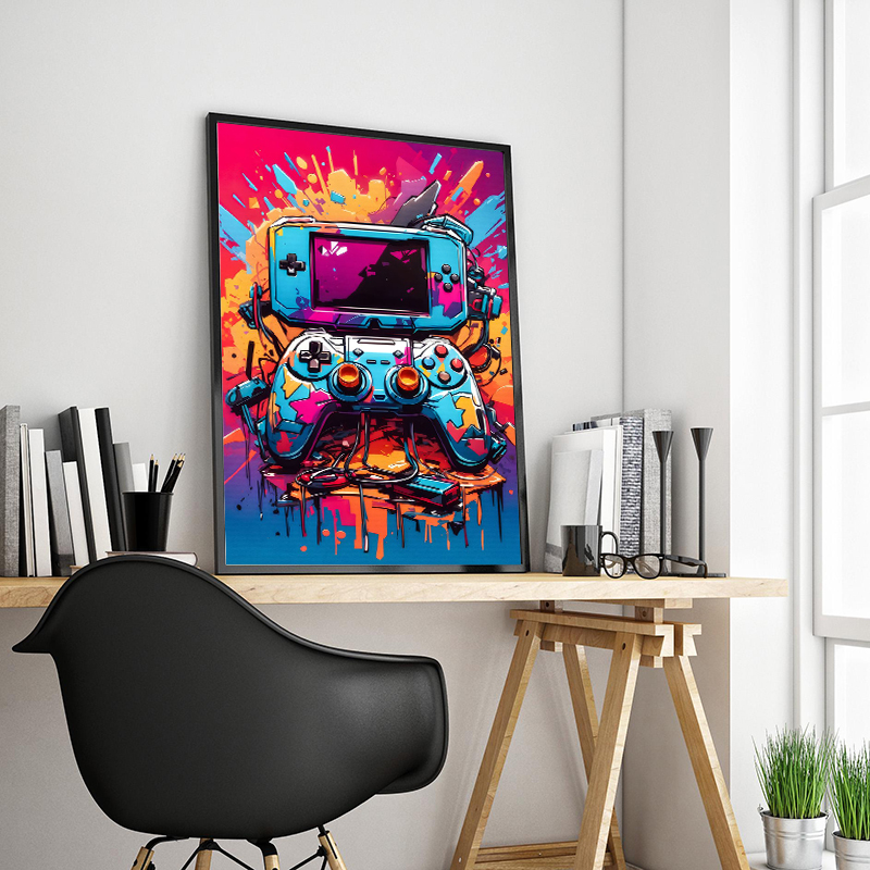 グラフィティカラフルなゲームコントローラーとヘッドフォン付き - Smart Home Poster のレビューと価格